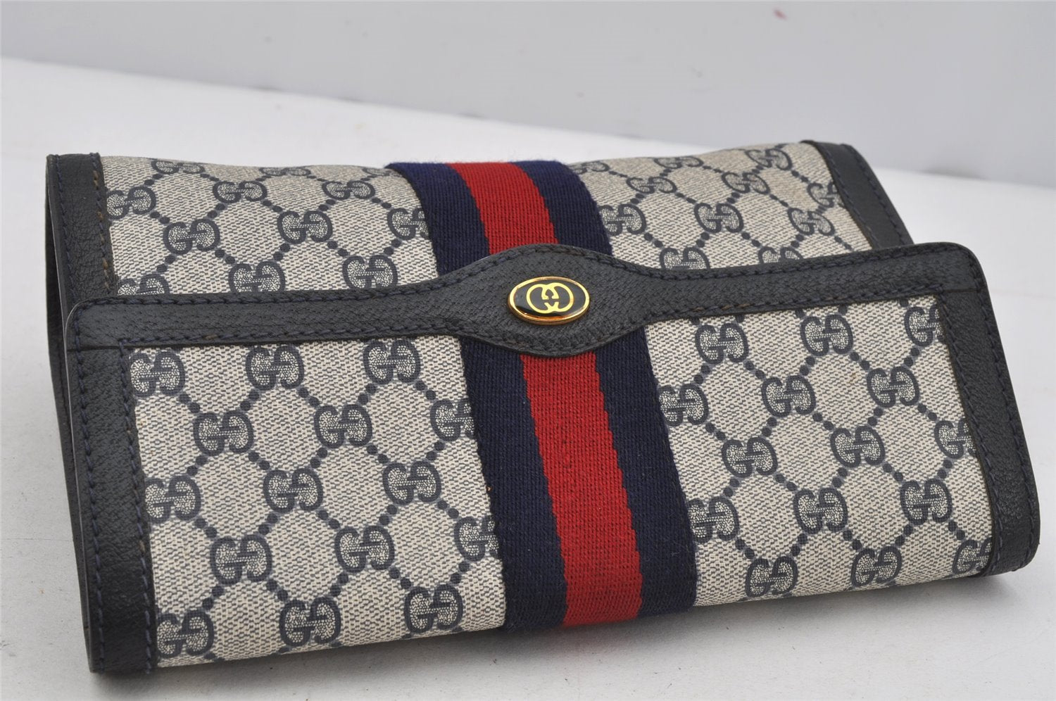 Authentic GUCCI Sherry Line Clutch Hand Bag GG PVC Leather Navy Blue Junk 4931J