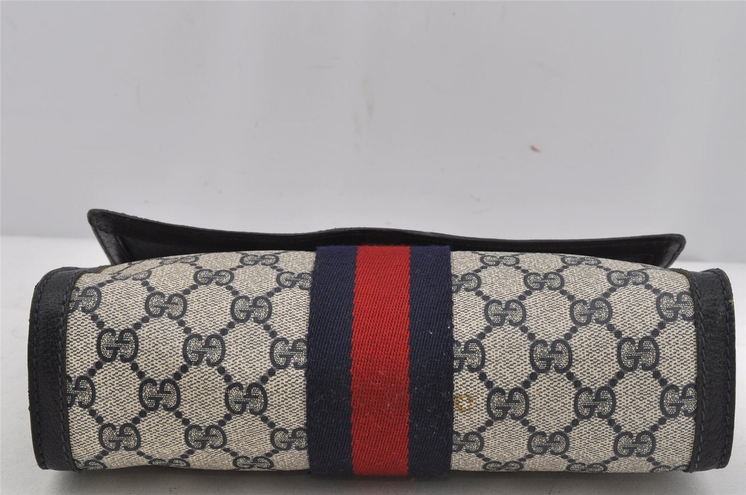 Authentic GUCCI Sherry Line Clutch Hand Bag GG PVC Leather Navy Blue Junk 4931J
