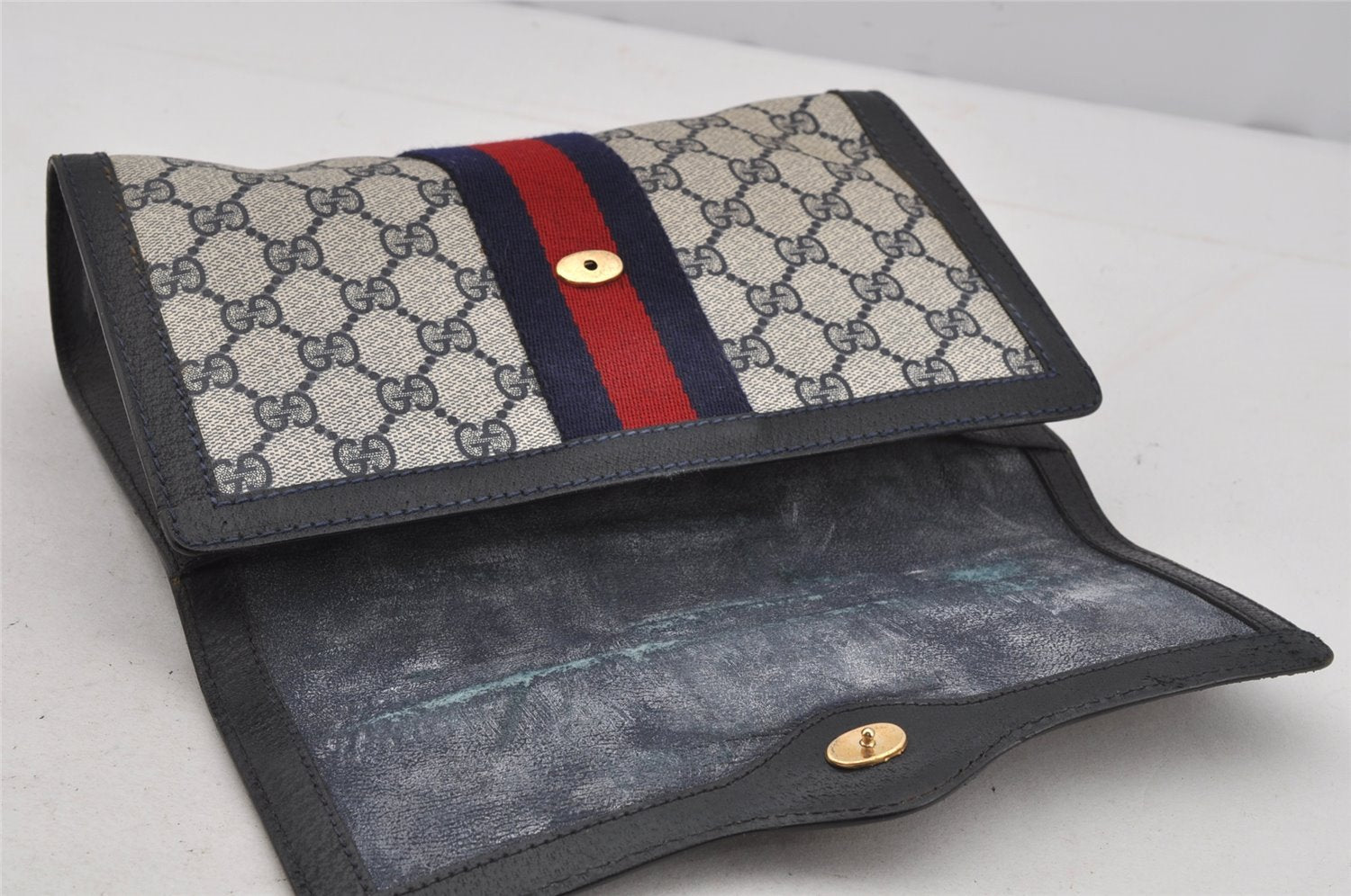 Authentic GUCCI Sherry Line Clutch Hand Bag GG PVC Leather Navy Blue Junk 4931J