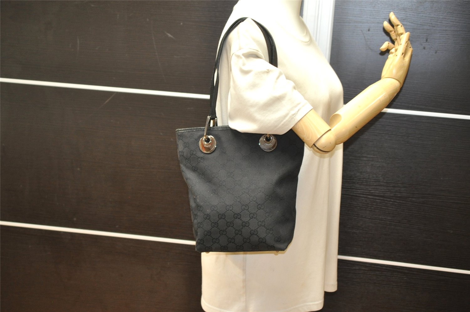 Authentic GUCCI Eclipse Tote Hand Bag GG Canvas Leather 120840 Black 4932K