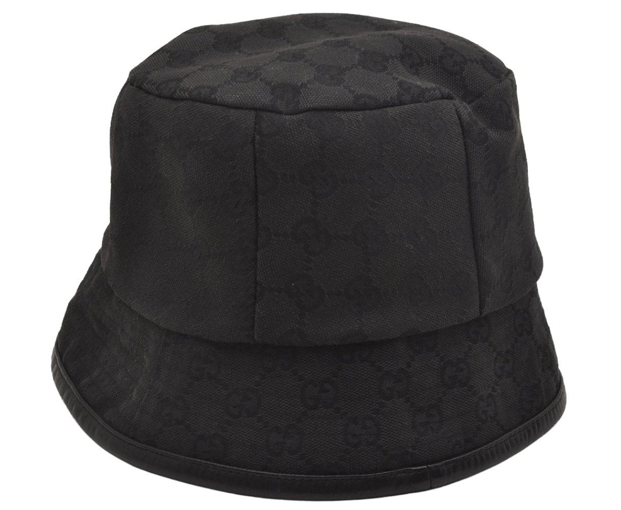 Authentic GUCCI Vintage Bucket Hat GG Canvas Leather Size M 22