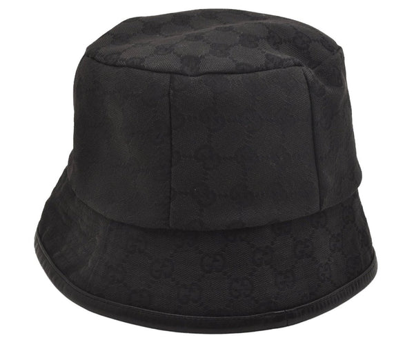 Authentic GUCCI Vintage Bucket Hat GG Canvas Leather Size M 22" Black 4933J