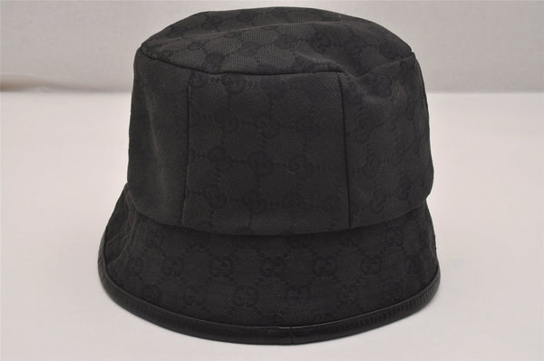 Authentic GUCCI Vintage Bucket Hat GG Canvas Leather Size M 22" Black 4933J