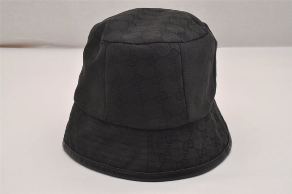 Authentic GUCCI Vintage Bucket Hat GG Canvas Leather Size M 22" Black 4933J