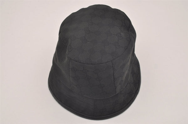 Authentic GUCCI Vintage Bucket Hat GG Canvas Leather Size M 22" Black 4933J