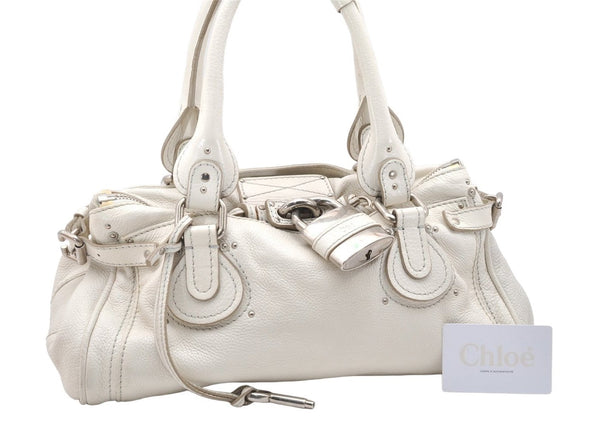 Authentic Chloe Vintage Paddington Leather Shoulder Hand Bag White 4933K