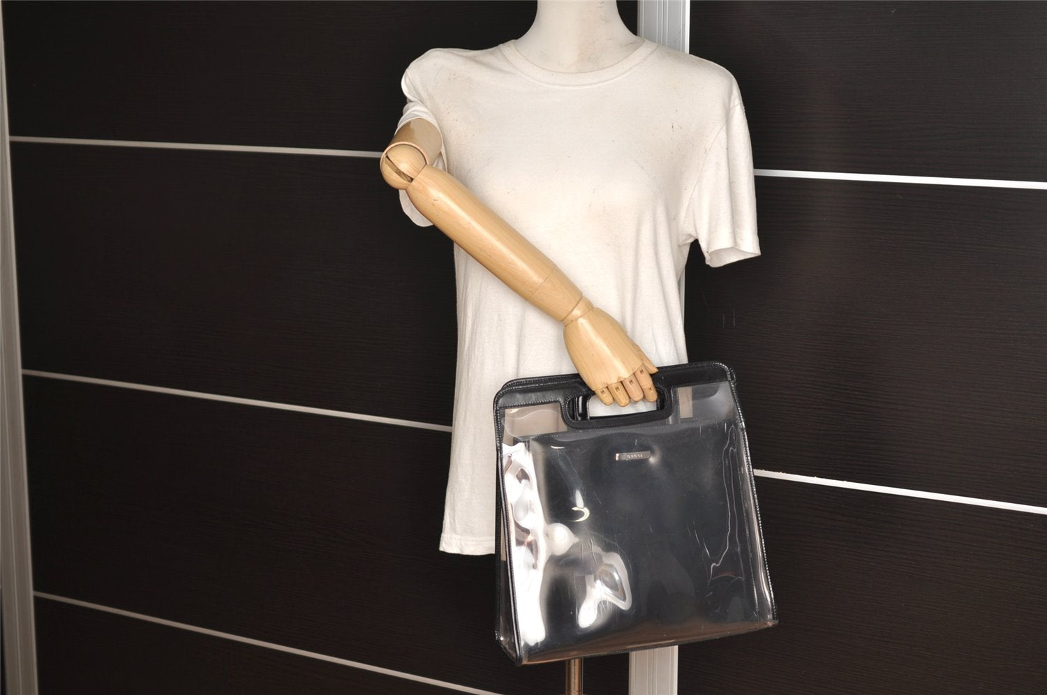 Authentic GUCCI Vintage 2 in 1 Hand Bag Vinyl Leather Clear Black Junk 4940J