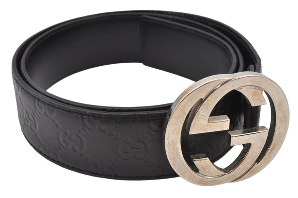 Authentic GUCCI Guccissima Interlocking Belt GG Leather 35.4" 114984 Black 4940K