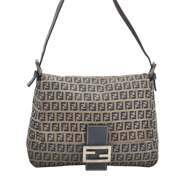 Authentic FENDI Zucchino Mamma Baguette Shoulder Bag Canvas Leather Navy 4944J