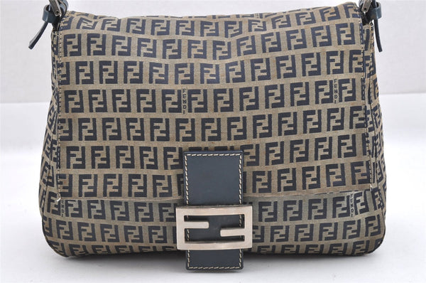 Authentic FENDI Zucchino Mamma Baguette Shoulder Bag Canvas Leather Navy 4944J