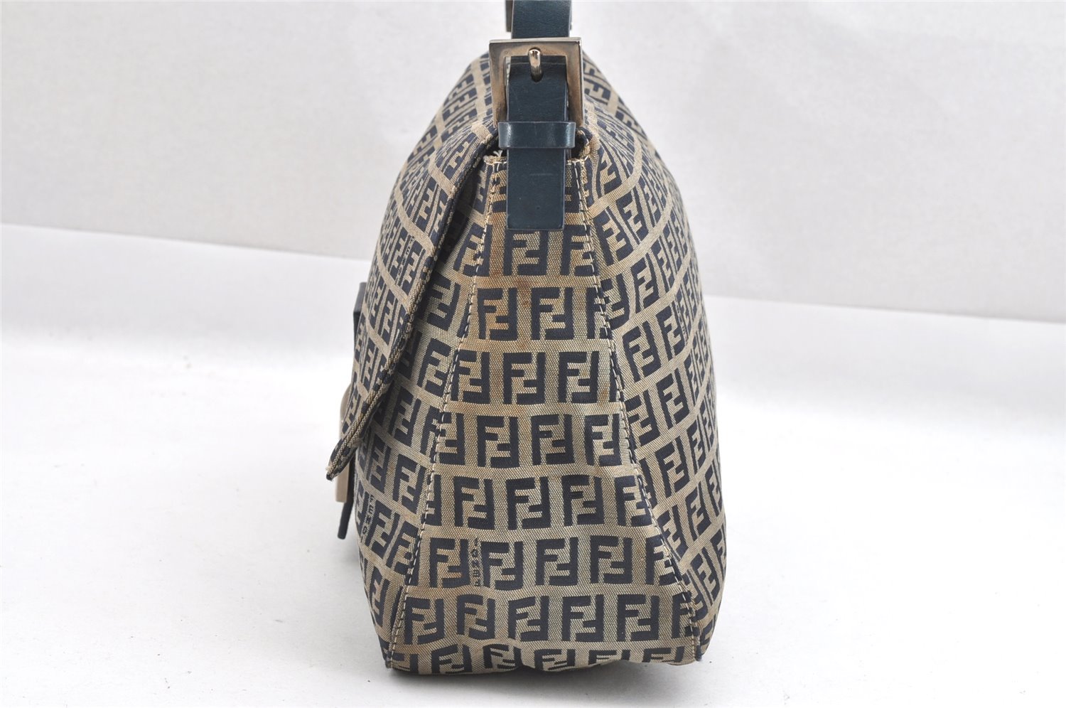 Authentic FENDI Zucchino Mamma Baguette Shoulder Bag Canvas Leather Navy 4944J