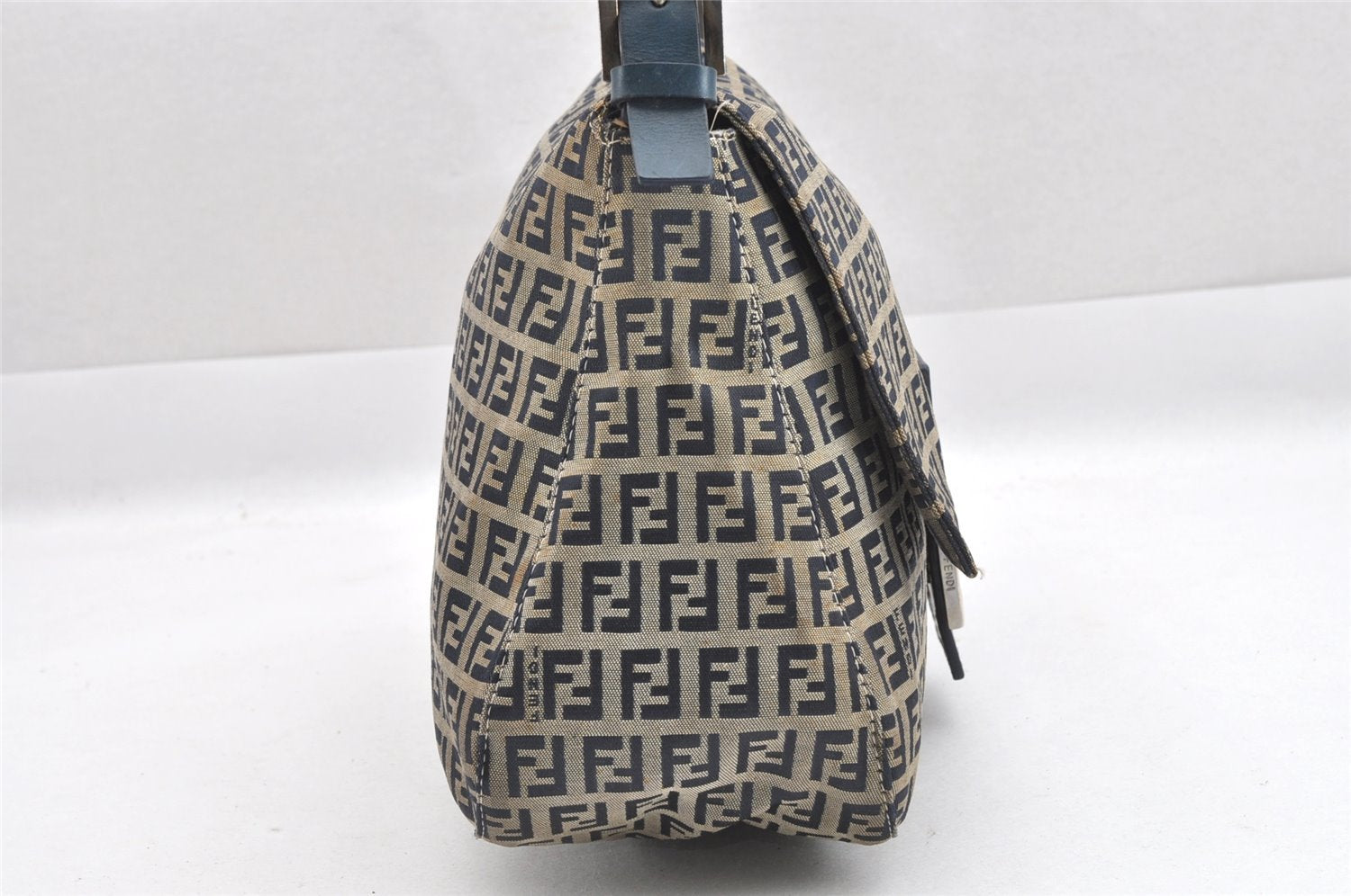 Authentic FENDI Zucchino Mamma Baguette Shoulder Bag Canvas Leather Navy 4944J