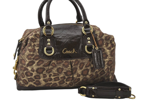 Authentic COACH Leopard Pattern 2Way Hand Bag Canvas Enamel F15520 Brown 4947K