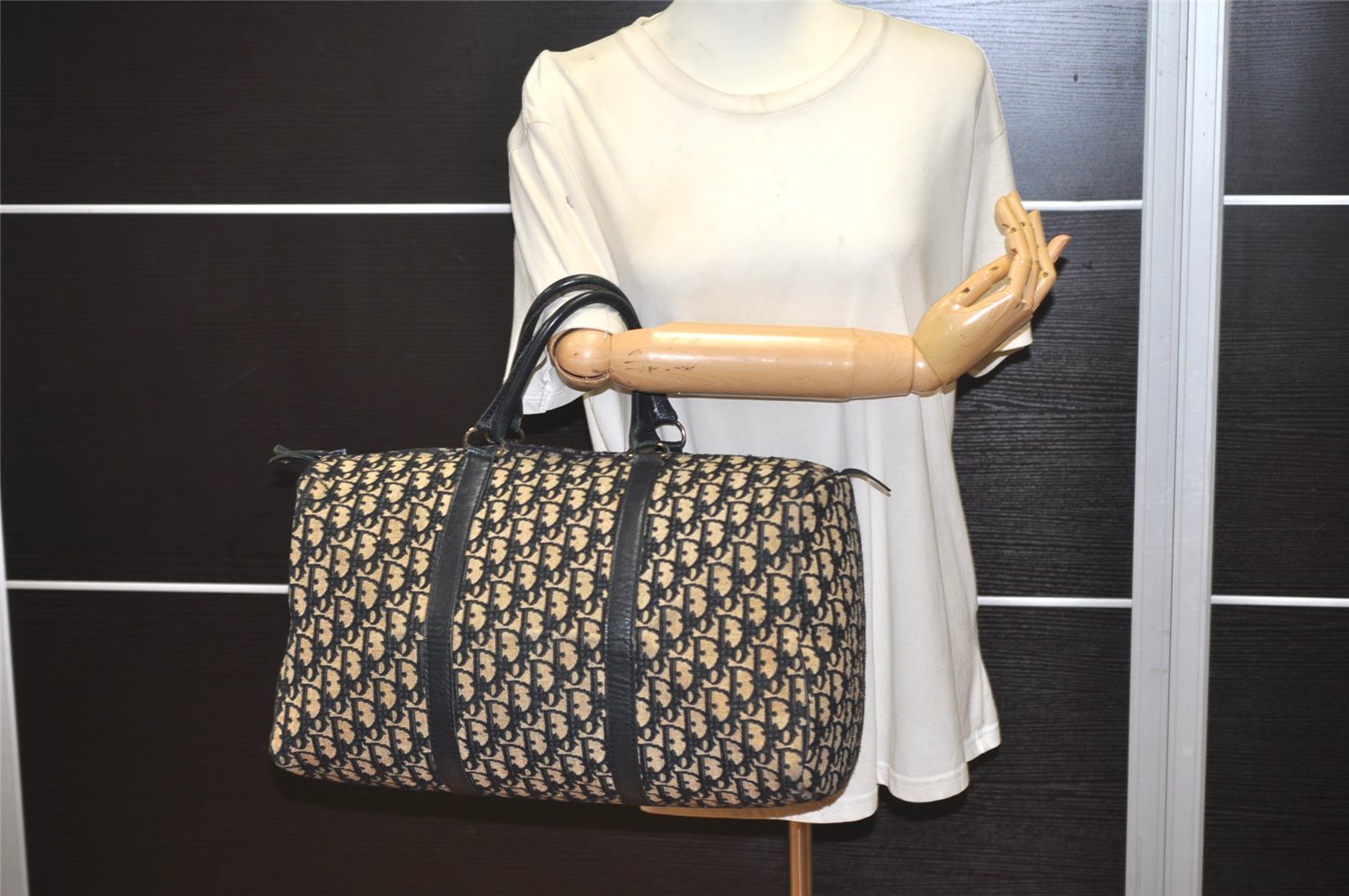 Authentic Christian Dior Trotter Hand Boston Bag Canvas Leather Blue 4951J