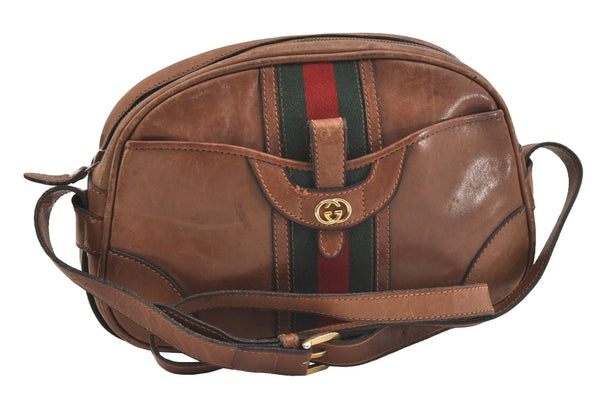 Authentic GUCCI Web Sherry Line Shoulder Crossbody Bag Purse Leather Brown 4957J