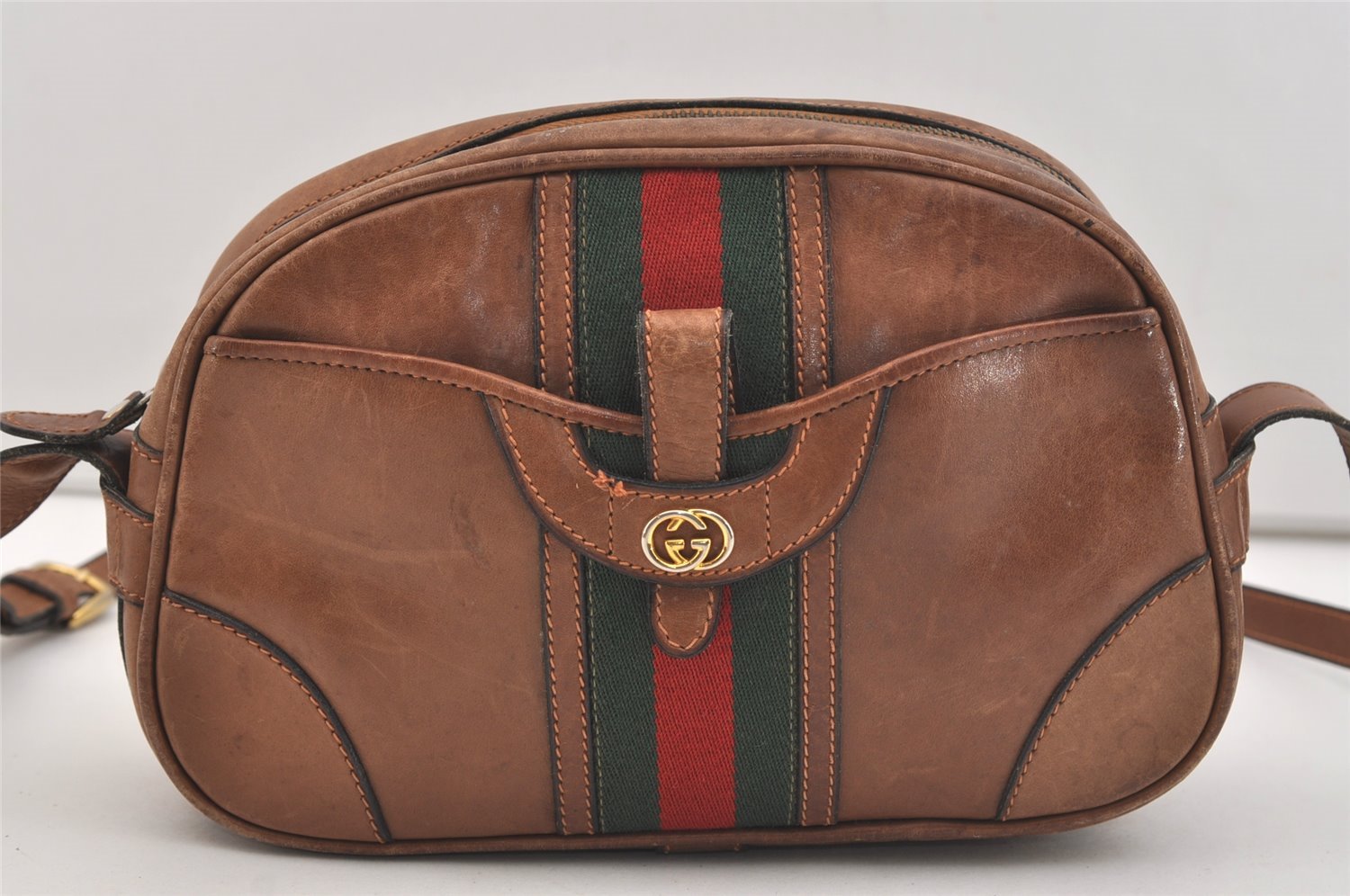 Authentic GUCCI Web Sherry Line Shoulder Crossbody Bag Purse Leather Brown 4957J