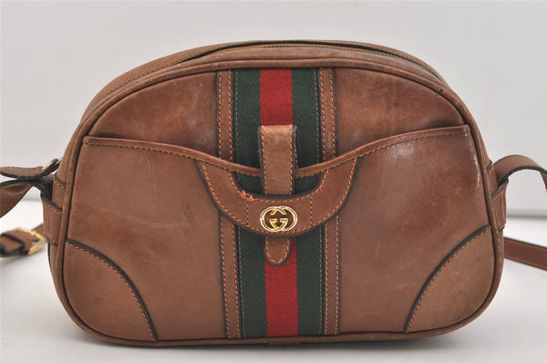 Authentic GUCCI Web Sherry Line Shoulder Crossbody Bag Purse Leather Brown 4957J