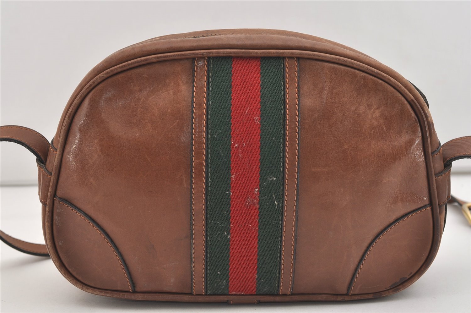 Authentic GUCCI Web Sherry Line Shoulder Crossbody Bag Purse Leather Brown 4957J