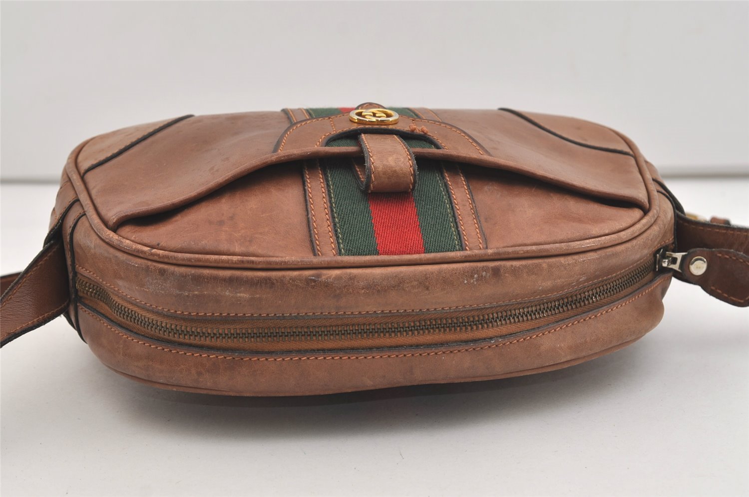 Authentic GUCCI Web Sherry Line Shoulder Crossbody Bag Purse Leather Brown 4957J