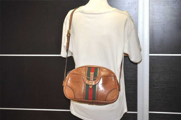 Authentic GUCCI Web Sherry Line Shoulder Crossbody Bag Purse Leather Brown 4957J