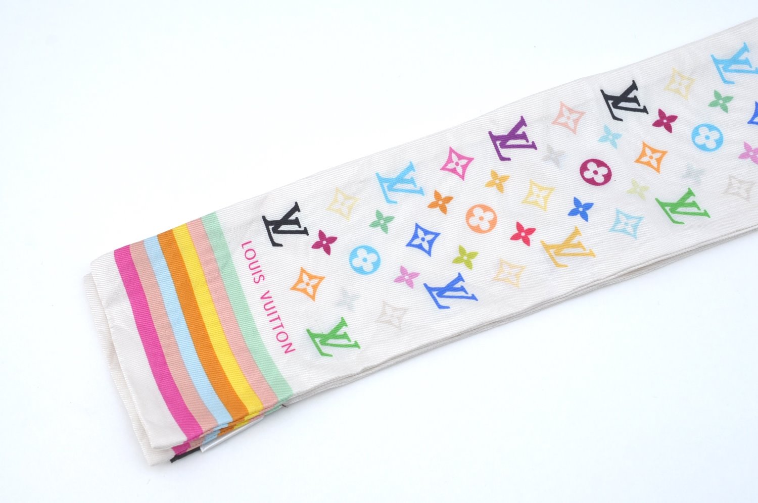 Authentic Louis Vuitton Monogram Multicolor Bandeau Scarf White M71991 LV 4967H