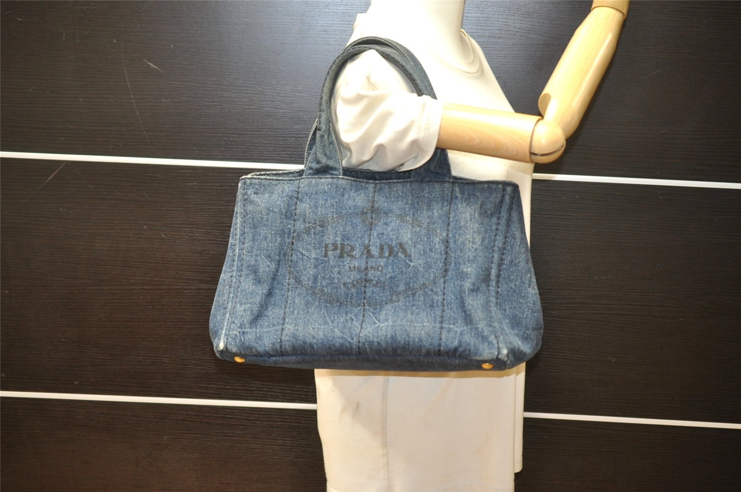 Authentic PRADA Vintage Canapa M Denim Tote Hand Bag Blue 4972K