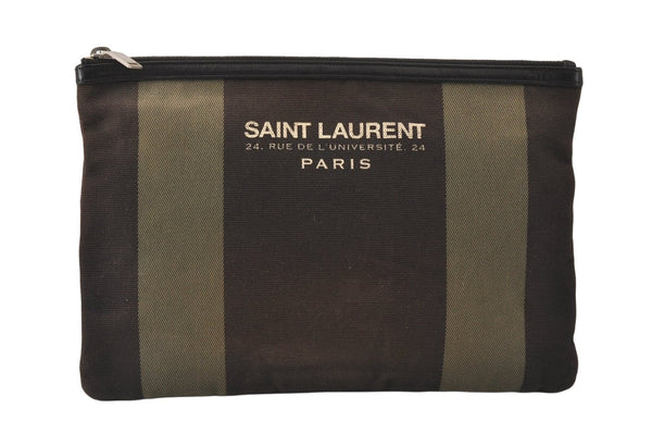 Authentic SAINT LAURENT Clutch Hand Bag Purse Canvas Leather Brown Junk 4973K