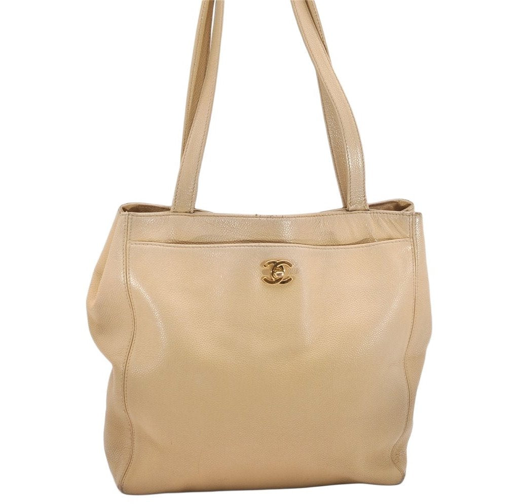 Authentic CHANEL Caviar Skin Turnlock Shoulder Tote Bag Beige CC 4974K