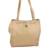 Authentic CHANEL Caviar Skin Turnlock Shoulder Tote Bag Beige CC 4974K