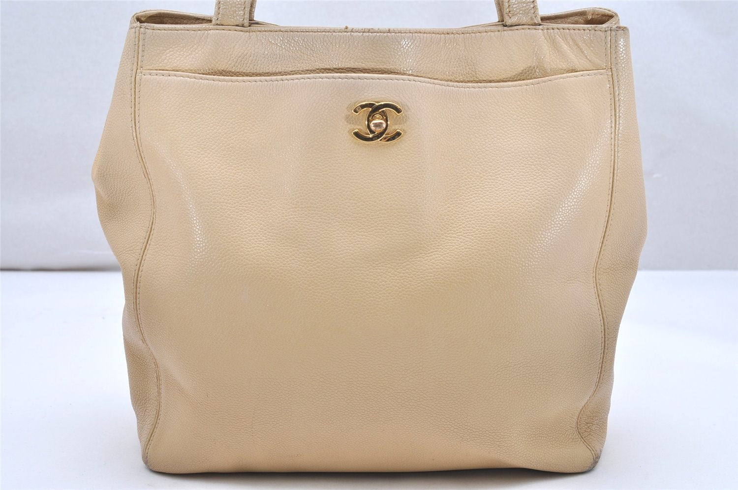 Authentic CHANEL Caviar Skin Turnlock Shoulder Tote Bag Beige CC 4974K
