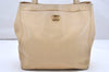 Authentic CHANEL Caviar Skin Turnlock Shoulder Tote Bag Beige CC 4974K