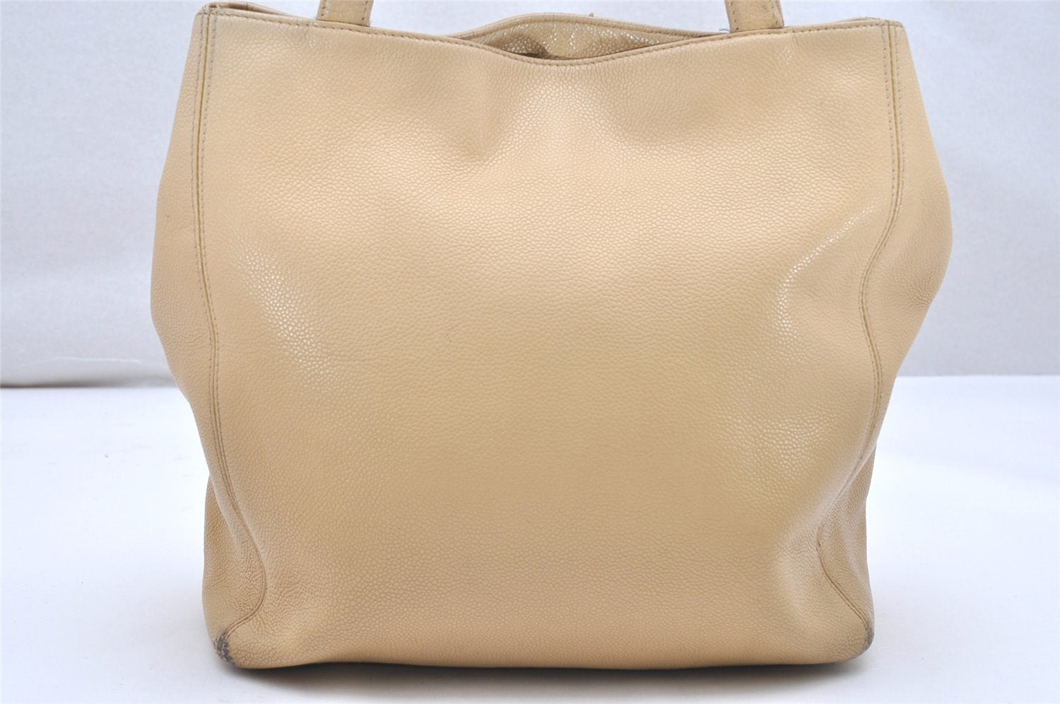 Authentic CHANEL Caviar Skin Turnlock Shoulder Tote Bag Beige CC 4974K