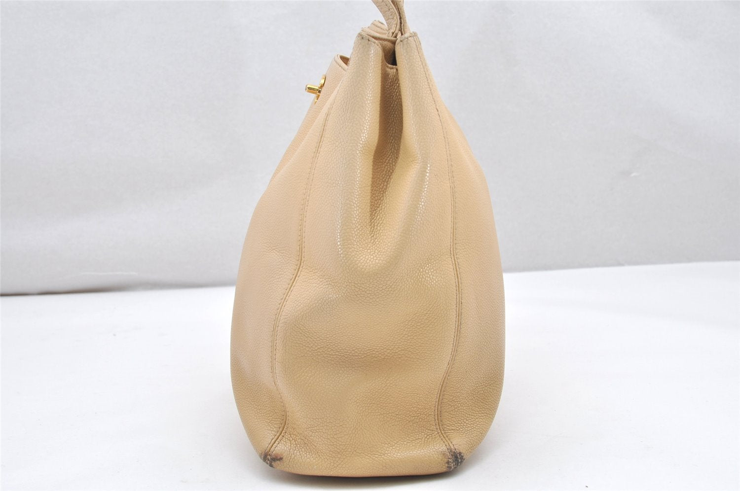 Authentic CHANEL Caviar Skin Turnlock Shoulder Tote Bag Beige CC 4974K