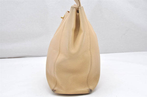 Authentic CHANEL Caviar Skin Turnlock Shoulder Tote Bag Beige CC 4974K