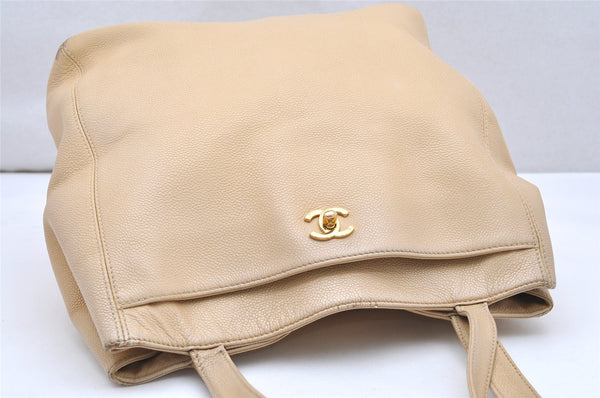 Authentic CHANEL Caviar Skin Turnlock Shoulder Tote Bag Beige CC 4974K
