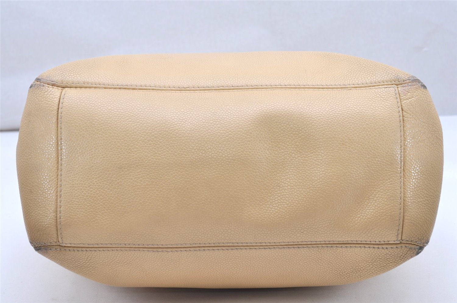 Authentic CHANEL Caviar Skin Turnlock Shoulder Tote Bag Beige CC 4974K