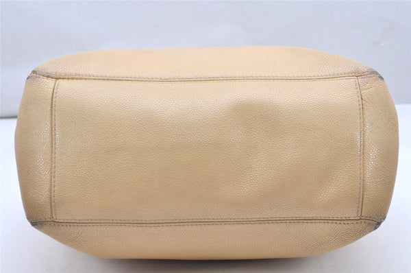 Authentic CHANEL Caviar Skin Turnlock Shoulder Tote Bag Beige CC 4974K
