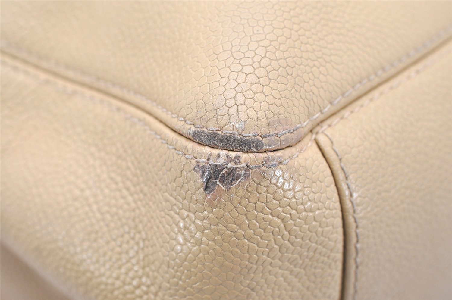 Authentic CHANEL Caviar Skin Turnlock Shoulder Tote Bag Beige CC 4974K