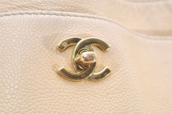 Authentic CHANEL Caviar Skin Turnlock Shoulder Tote Bag Beige CC 4974K