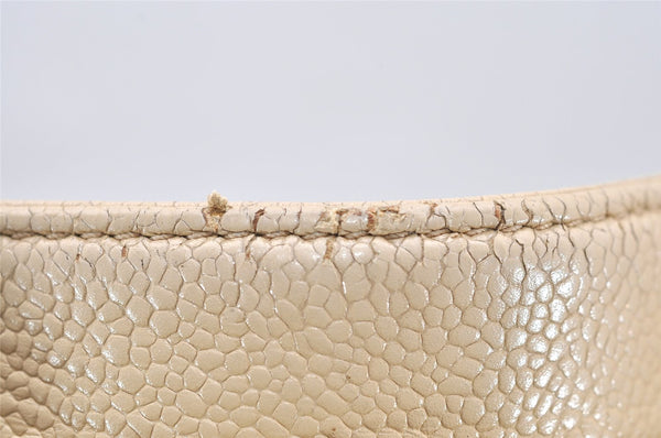 Authentic CHANEL Caviar Skin Turnlock Shoulder Tote Bag Beige CC 4974K