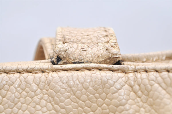 Authentic CHANEL Caviar Skin Turnlock Shoulder Tote Bag Beige CC 4974K