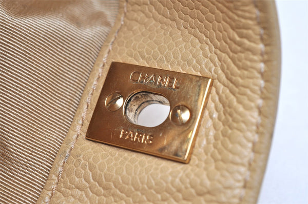 Authentic CHANEL Caviar Skin Turnlock Shoulder Tote Bag Beige CC 4974K