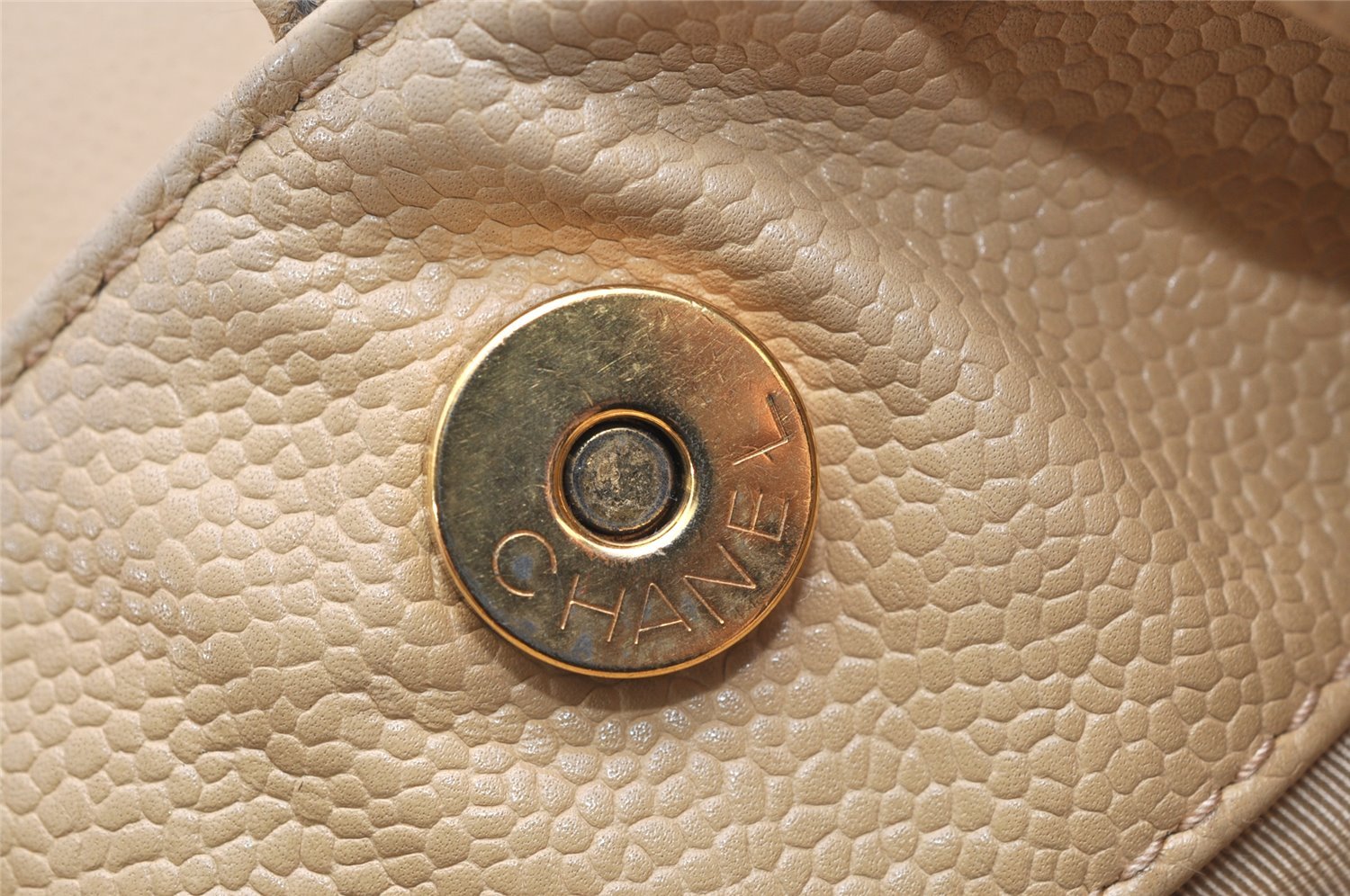 Authentic CHANEL Caviar Skin Turnlock Shoulder Tote Bag Beige CC 4974K