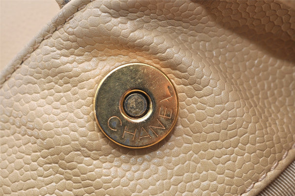 Authentic CHANEL Caviar Skin Turnlock Shoulder Tote Bag Beige CC 4974K