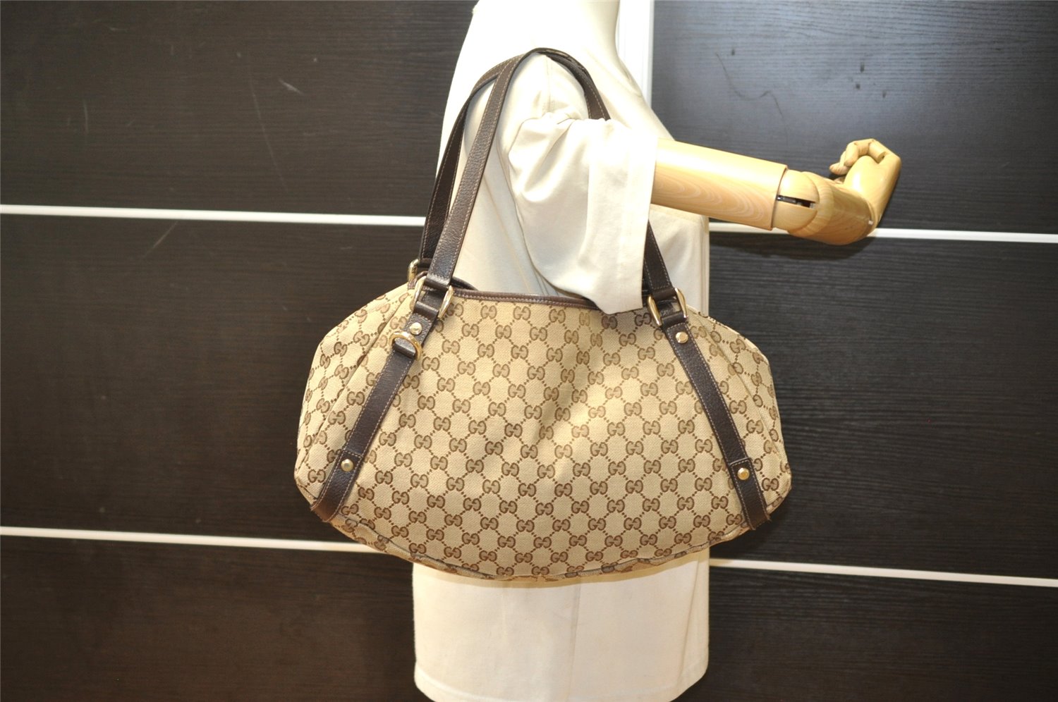 Authentic GUCCI Abbey Shoulder Tote Bag GG Canvas Leather 130736 Brown 4981K