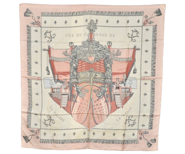 Authentic HERMES Carre 90 Scarf "VUE DU CAROSSE DE LA GALERE " Silk Pink 4989J