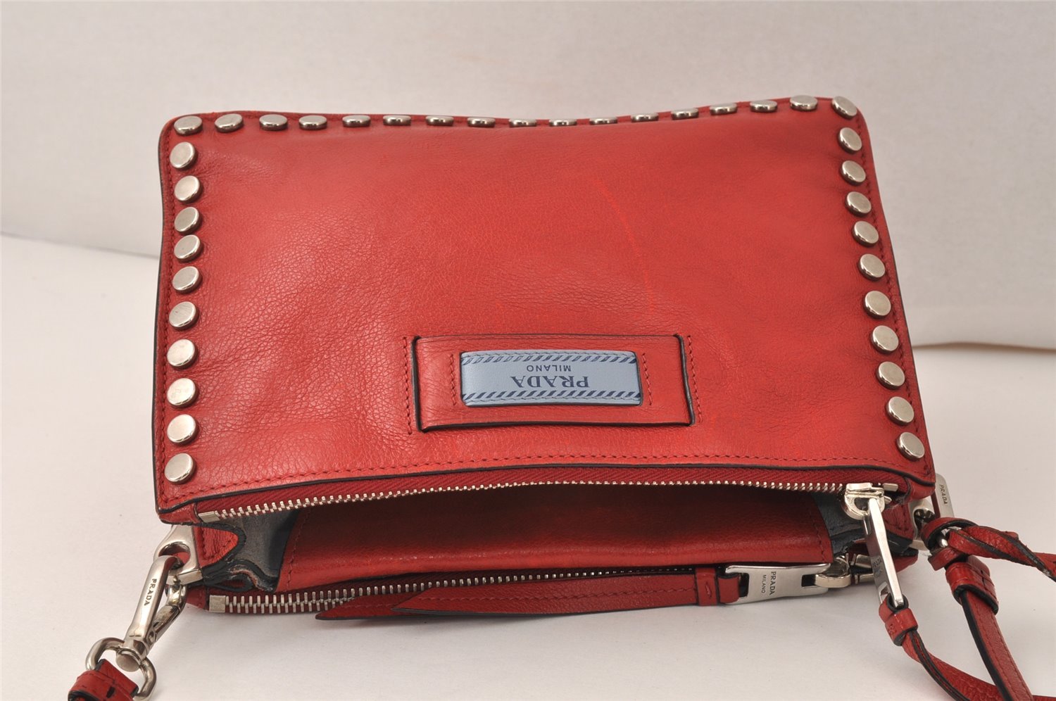 Authentic PRADA GLACE'CALF Leather Shoulder Cross Body Bag 1BH077 Red 4991K