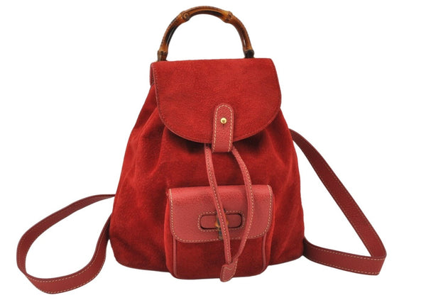 Authentic GUCCI Bamboo Backpack Purse Suede Leather Red 4992K