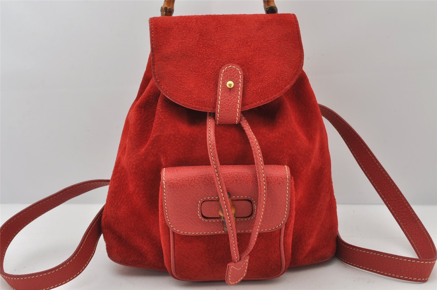 Authentic GUCCI Bamboo Backpack Purse Suede Leather Red 4992K