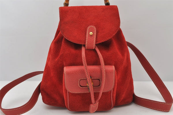 Authentic GUCCI Bamboo Backpack Purse Suede Leather Red 4992K